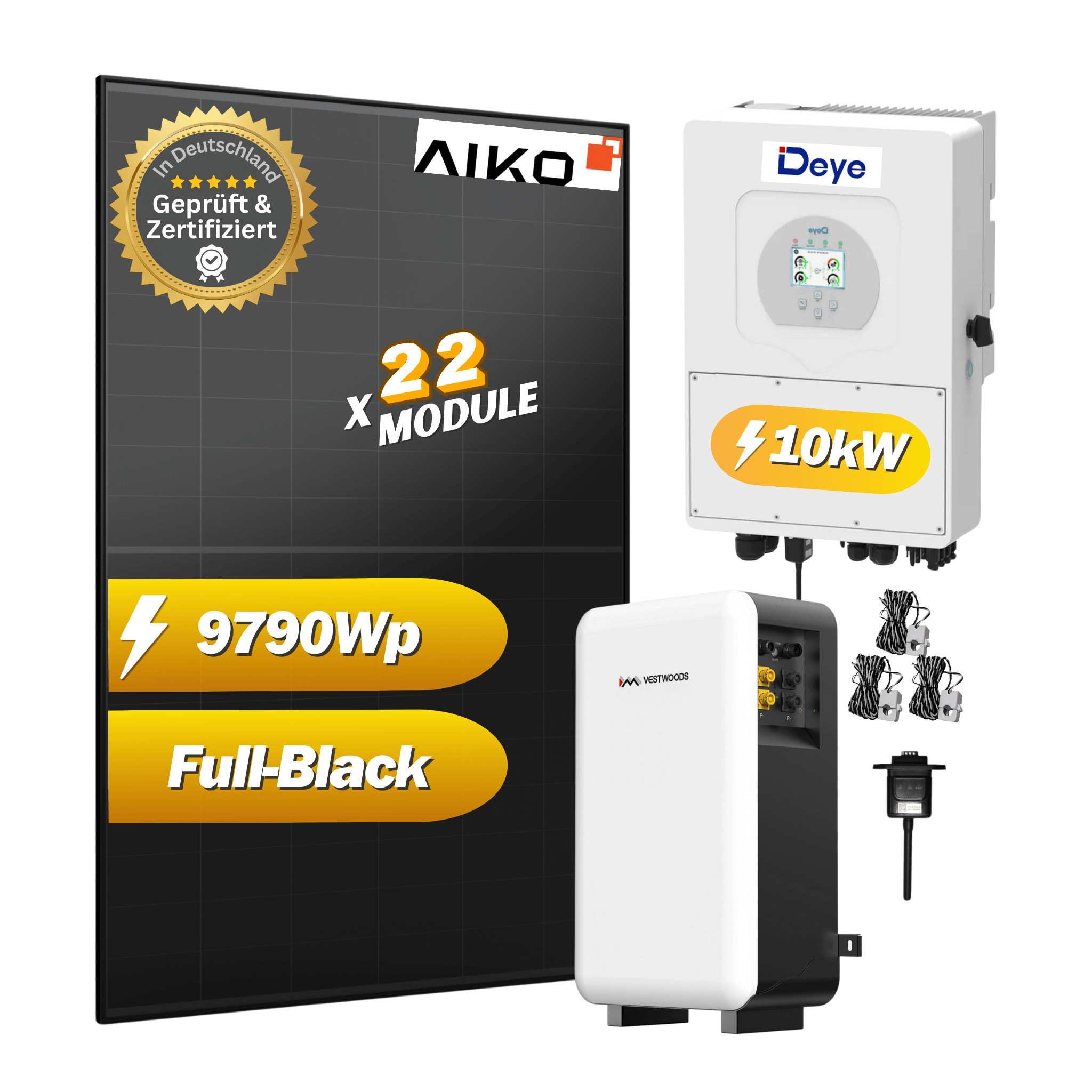 Solaranlage Komplettset 10kW Deye und 22x AIKO Solar 445Wp inklusive Vestwoods VE51200W 10,24 kWh