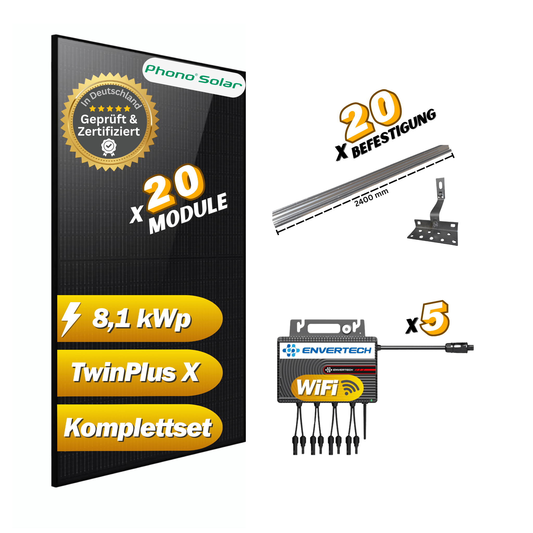 Solaranlage 10kW 20x Phono Solar 405Wp, 5x Astro-Energy TM-L2000M und Schienensystem für 20 Module