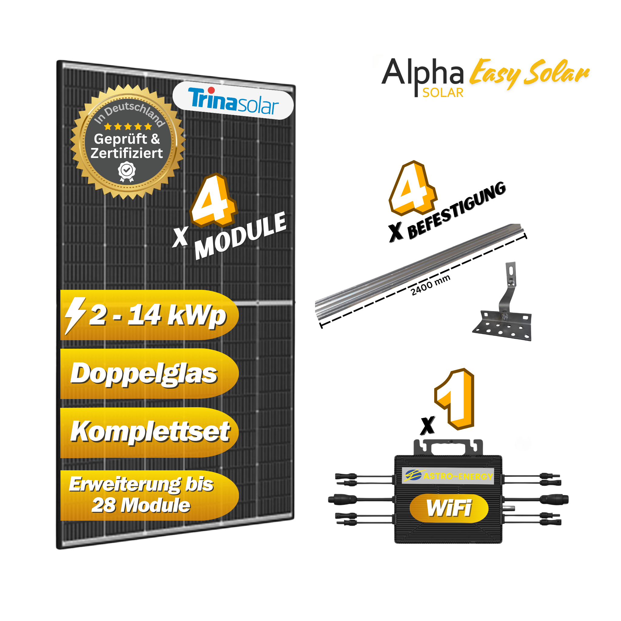 Alpha Easy Solar Komplettset 4x Module Trina 500Wp, 1x Mikrowechselrichter TM-L2000M und Befestigung