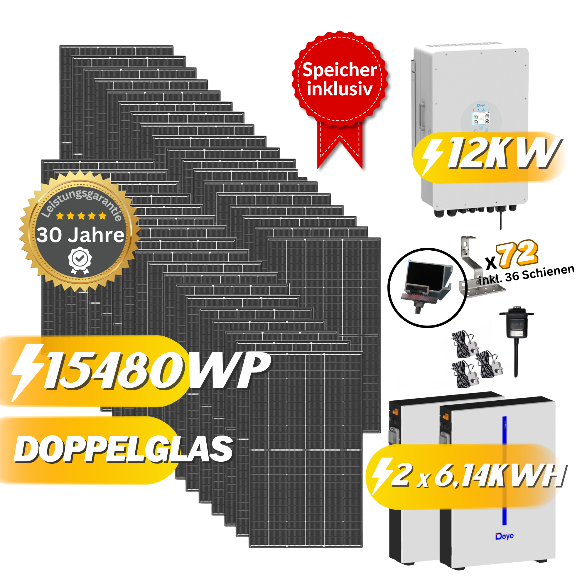 Photovoltaikanlage Set 15,48kWp/12kW mit 36x 430Wp Trina Solar Vertex S+/ Deye SUN-12K und Deye Spei