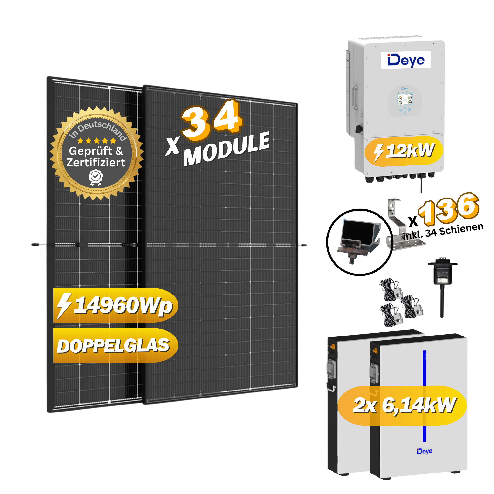 Photovoltaikanlage Set 14,96kWp/12kW mit 34x 440Wp Trina Solar Vertex S+/ Deye SUN-12K und Deye Spei