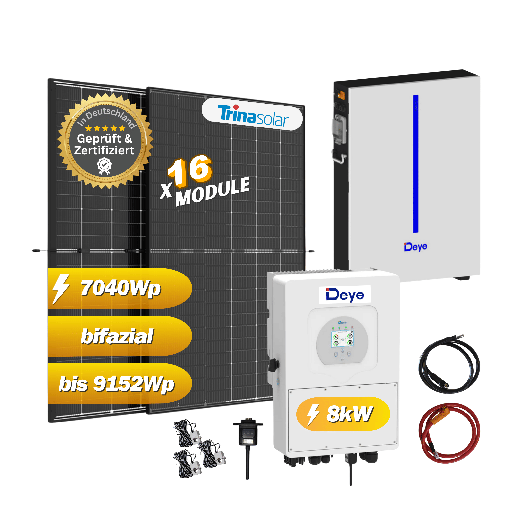 Photovoltaikanlage Set 7,04kWp/8kW mit 16x 440Wp TrinaSolar Vertex S+/ Deye SUN-8K und Deye Speicher