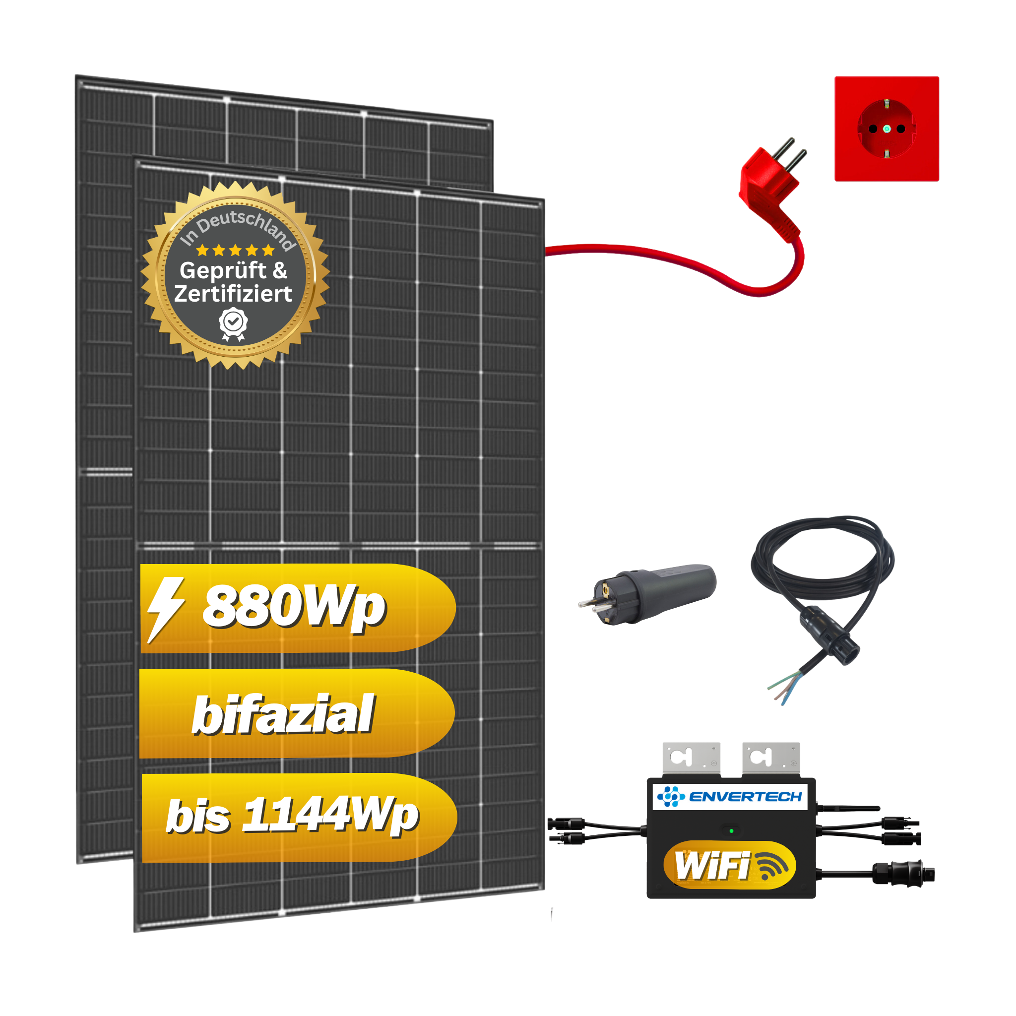 Balkonkraftwerk Set 800W / 880-1144Wp mit Trina Solar Vertex S+ und Envertech EVT-800-B, inkl. Anschlusskabel, Mini-Solaranlage, Plug and Play