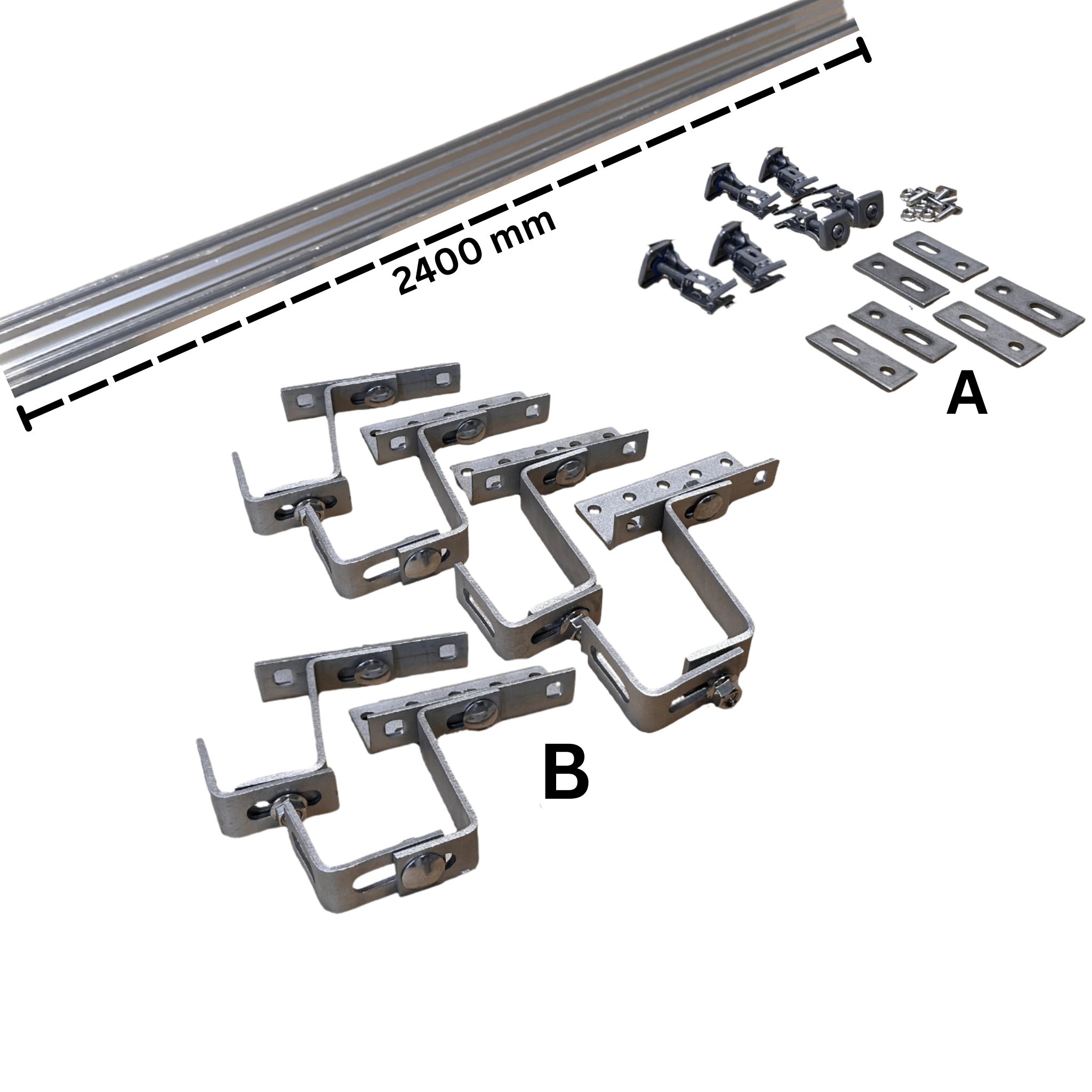 Aufdachmontage für Module Schiene 2400 mm inkl. 6 Dachhaken verstellbar und 6 Universalklemmen Renus