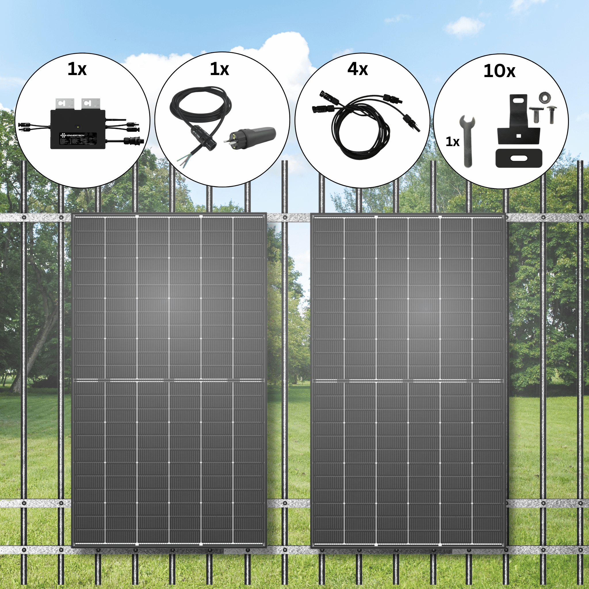 Balkonkraftwerk  880Wp / 800W mit Trina Vertex S+ Doppelglas und Hoymiles EVT-800-B+ Zaunbefestigung