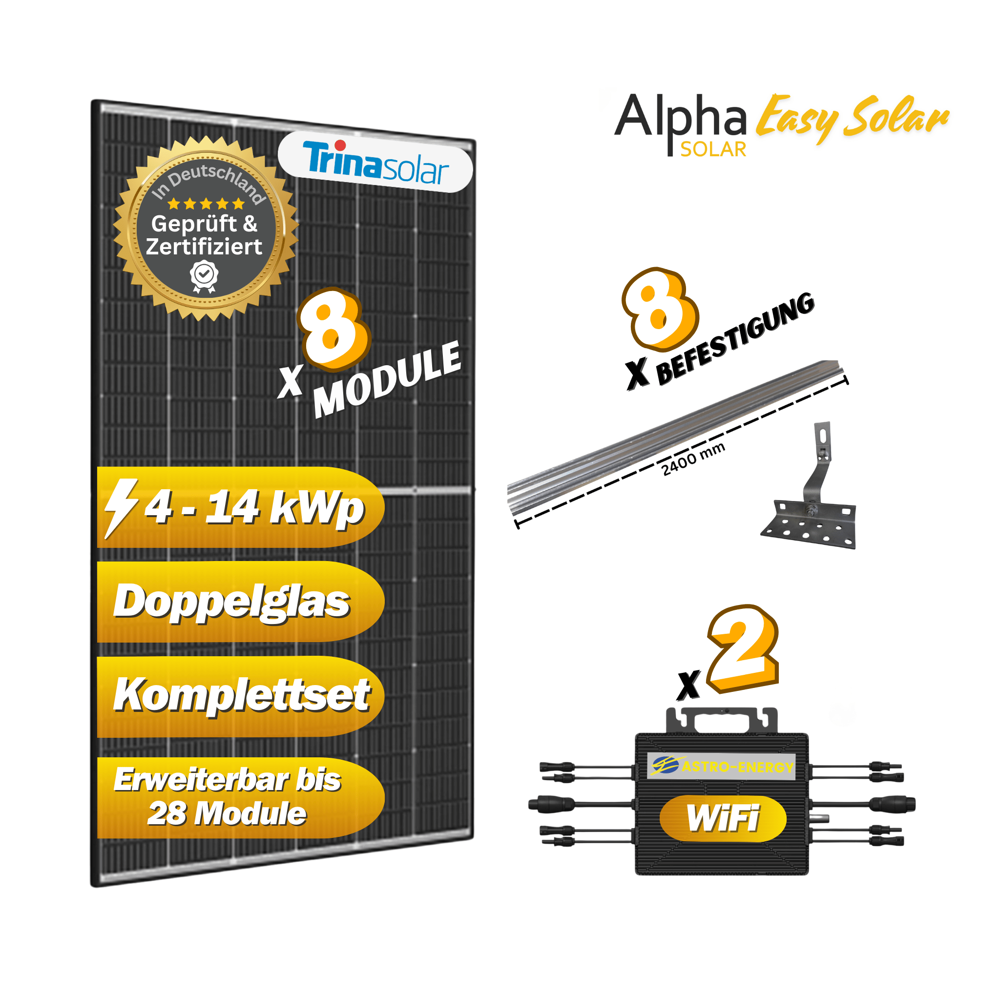 Alpha Easy Solar Komplettset 8x Module Trina 500Wp, 2x Mikrowechselrichter TM-L2000M und Befestigung