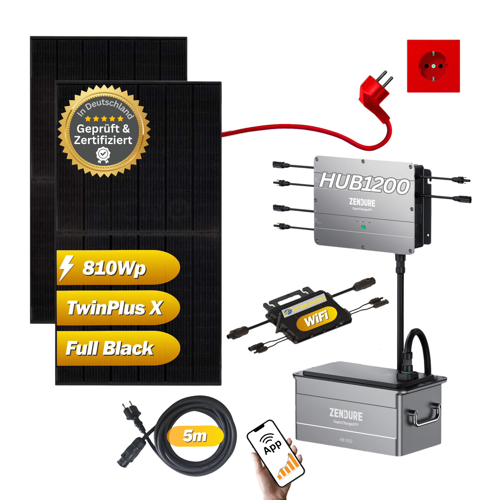 Balkonkraftwerk Set mit Speicher 810Wp / 800W mit Phono Solar Full Black, Astro Energy TM-L8M und